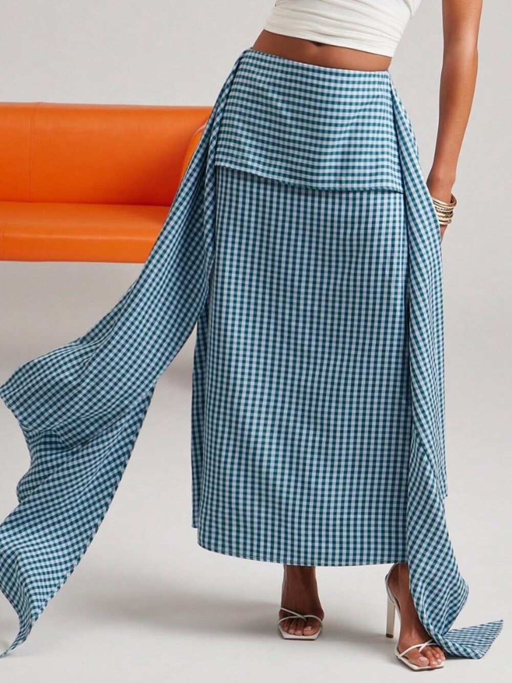 Multicolor Casual Women's Gingham Plaid Tiered Flare A-Line Midi Skirt - Picture 5 of 6